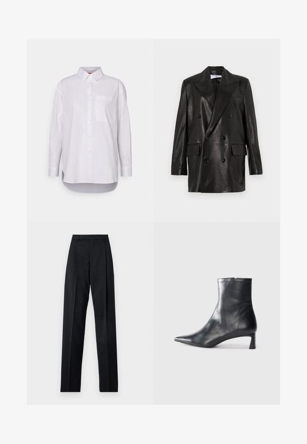 Sort læder dobbeltradet blazer med brede revers, forlommer og knapdetaljer. Glat tekstur med en skræddersyet silhuet.; MAX&Co. BARI - Skjortebluser - weiss; Sorte bukser lavet af glat stof, der har høj talje, brede ben, frontfolder og klassiske bælteløkker. Ingen synlige sidelommer.; Sort læder ankelstøvle med spids tå og et strømlinet design. Har en lav hæl og en lynlås lukning bagpå. Glat tekstur.
