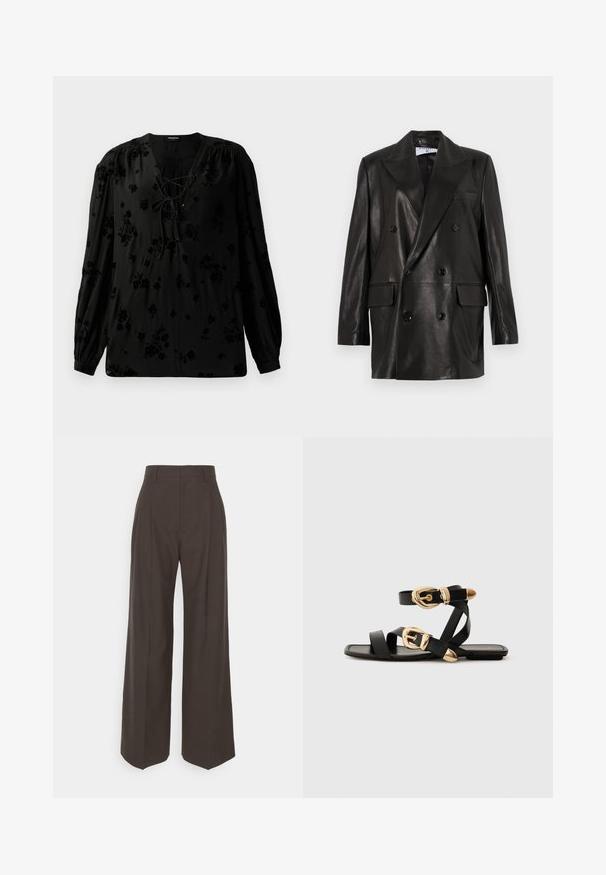Zwarte leren dubbelbreasted blazer met brede revers, voorzakken en knoopaccenten. Gladde textuur met een getailleerd silhouet.; Zwarte blouse gemaakt van zachte stof, met een vetersluiting in de halslijn en een bloemenpatroon. Lange, opgeblazen mouwen en een losse pasvorm maken het ontwerp compleet.; Donkerbruine wijde broek met een hoge taille, voorzien van strak geplooide plooien, een zachte textuur en een op maat gemaakte pasvorm.; Zwarte leren sandaal met gouden gespaccenten, voorzien van meerdere banden en een vlakke zool voor open-teenschoen gebruik.