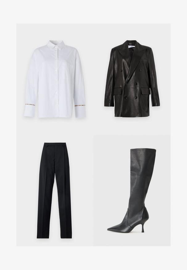 Czarna skórzana marynarka dwurzędowa z szerokimi klapami, przednimi kieszeniami i guzikami. Gładka tekstura z dopasowanym krojem.; Biała, długa koszula na guziki z gładkiego materiału, z kieszonką na piersi i kolorowym paskiem na mankietach.; Czarne spodnie wykonane z gładkiego materiału, z wysokim stanem, szerokimi nogawkami, fałdami z przodu i klasycznymi szlufkami na pasek. Brak widocznych kieszeni bocznych.; Czarne skórzane botki do kolan z ostrym noskiem i wąskim obcasem w szpilkę. Gładka tekstura z dopasowanym krojem i przeszyciem na górnej krawędzi.