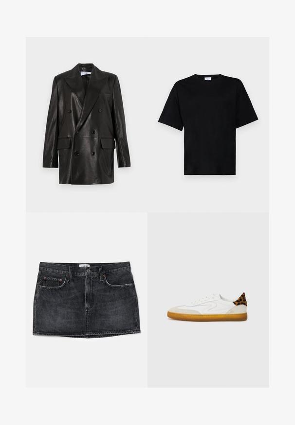 Zwarte leren dubbelbreasted blazer met brede revers, voorzakken en knoopaccenten. Gladde textuur met een getailleerd silhouet.; Zwart shirt met korte mouwen in een relaxte pasvorm, gemaakt van zachte stof, met een ronde halslijn en zonder opvallende patronen of accenten.; Zwarte denim rok met een aansluitend ontwerp, twee voorzakken en een tailleband. Kenmerkt subtiele stiksels en een klein label aan de achterkant.; Witte sneaker met een bovenwerk van gestructureerd suede en leer, voorzien van een luipaardprint accent op de hiel en een gumrubberen zool.