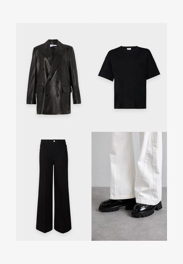 Blazer en cuir noir à double boutonnage avec larges revers, poches avant et accents en bouton. Texture lisse avec une silhouette cintrée.; T-shirt noir à manches courtes, coupe décontractée, en tissu doux, avec un col rond et sans motifs ni accents marquants.; Jean large noir fabriqué dans un tissu robuste, avec une taille haute, des poches avant et une fermeture à bouton à l'avant. Ourlet plat en bas.; Chaussures noires à semelles épaisses avec une finition brillante, associées à un pantalon large blanc. Tread épais et texture lisse remarquables sur les chaussures.