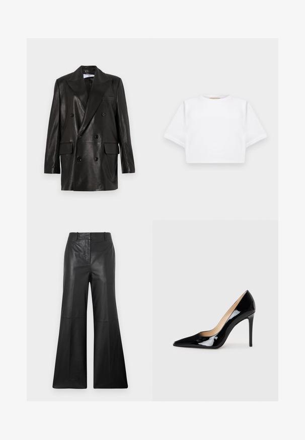 Melnas ādas divrindu žakete ar plašiem atlokiem, priekšējām kabatām un pogu akcentiem. Gluda tekstūra ar pielāgotu siluetu.; Izgriezta balta T-krekla no mīksta auduma, ar īsām piedurknēm, apaļu apkakli un ribota apakšmala. Vienkāršs un neizpušķots dizains.; Melnas ādas izplešamās bikses ar gludu tekstūru, ar vidēja augstuma jostasvietu, sānu kabatām un tīru priekšējo šuvju detaļu.; Melnā lakota ādas augstpapēžu kurpe ar norādītas formas purngalu un elegantu siluetu. Iespēj gludu, spīguļojošu apdari un šauru stiletto papēdi.