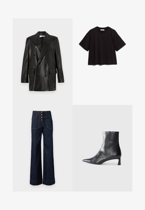 Juodas odinis dvigubos sagos švarkas su plačiais sklendais, priekinėmis kišenėmis ir mygtukų akcentais. Lygi tekstūra su pritaikytu siluetu.; Juodas medvilnės trumpomis rankovėmis marškinėliai su apvaliu kaklu. Turi atpalaiduotą siluetą ir paprastą, neišpuoštą dizainą.; Tamsi džinsinė platių kojų kelnės su aukštu liemeniu, penkių sagų priekinis uždarymas ir kontrastinga auksinė siūlė. Įrengti dideli priekiniai kišenės.; Juodas odinis kulkšninis batas su smailiu pirštu ir elegantišku dizainu. Turi žemą kulną ir užtrauktuką gale. Lygi tekstūra.