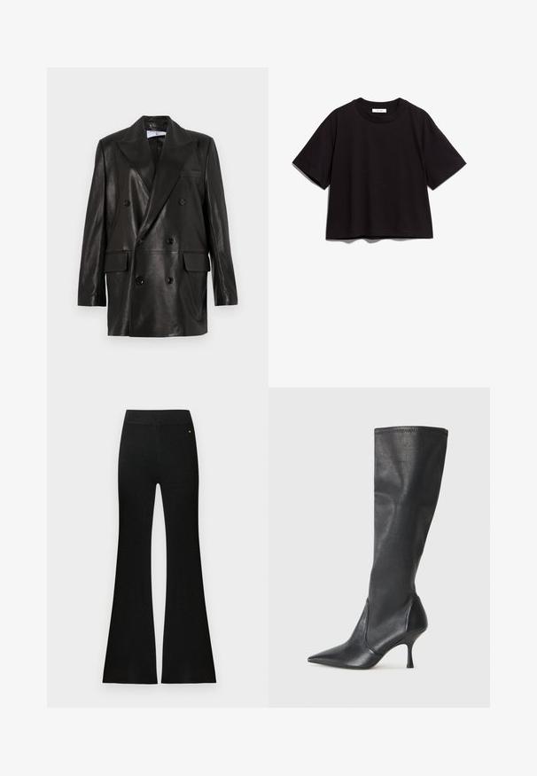 Musta nahkainen kaksirivinen bleiseri leveillä kauluksilla, etutaskuilla ja napitusyksityiskohdilla. Säihkeä pinta ja muotoiltu siluetti.; Musta puuvillatrikoot-paita, jossa on pyöreä kaula-aukko ja lyhyet hihat. Ominaisuuksiin kuuluu rento istuvuus ja yksinkertainen, koristeltu design.; Mustat resoritrikoiset liehupöksyt, joissa sileä vyötärönauha. Valmistettu teksturoidusta kankaasta, vähän kiiltäen ja pienellä logokoristeella.; Polvisuuriset mustat nahkasaappaat, joissa on terävä kärki ja hoikka stiletto-korko. Silkkinen pinta, tiukka muotoilu ja ompeleet yläreunassa.