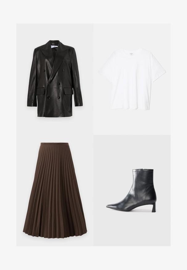 Blazer de cuero negro de doble botonadura con amplias solapas, bolsillos frontales y detalles de botones. Textura suave con una silueta entallada.; Camiseta de algodón blanca con mangas cortas, escote redondo, corte relajado y dobladillo cosido. Etiqueta visible en el interior del cuello.; Falda midi marrón con pliegues y una cinturilla ajustada, con pliegues verticales distribuidos uniformemente, presentada sobre un fondo blanco.; Botín de cuero negro hasta el tobillo con punta afilada y un diseño elegante. Presenta un tacón bajo y un cierre con cremallera en la parte trasera. Textura suave.