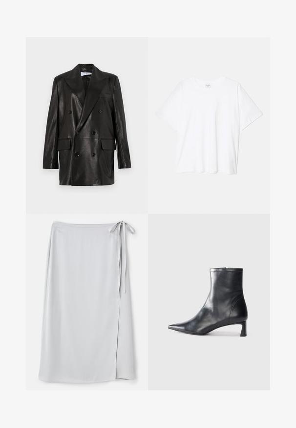 Sort læder dobbeltradet blazer med brede revers, forlommer og knapdetaljer. Glat tekstur med en skræddersyet silhuet.; Hvid bomulds-t-shirt med korte ærmer, rund halsudskæring, afslappet pasform og stitched søm. Mærket er synligt indeni halsen.; Lys grå omslagsnederdel med en glat tekstur, sidelukning med bånd og en subtil slids på venstre side. Enkel design uden mønstre eller accenter.; Sort læder ankelstøvle med spids tå og et strømlinet design. Har en lav hæl og en lynlås lukning bagpå. Glat tekstur.