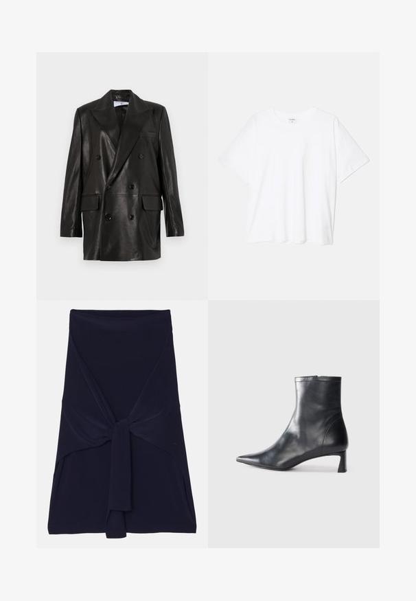 Blazer en cuir noir à double boutonnage avec larges revers, poches avant et accents en bouton. Texture lisse avec une silhouette cintrée.; T-shirt en coton blanc avec des manches courtes, un col rond, une coupe décontractée et un ourlet cousu. Étiquette visible à l'intérieur du col.; Jupe portefeuille bleu marine en tissu doux et extensible avec un design noué à l'avant, présentant une texture lisse et des bords ajustés.; Bottine en cuir noir avec un bout pointu et un design épuré. Présente un petit talon et une fermeture éclair à l'arrière. Texture lisse.
