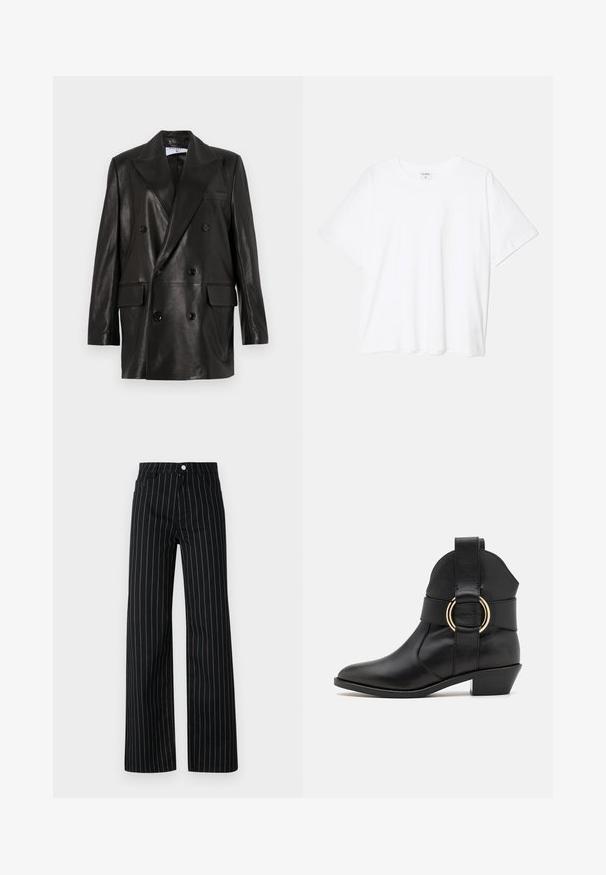 Melnas ādas divrindu žakete ar plašiem atlokiem, priekšējām kabatām un pogu akcentiem. Gluda tekstūra ar pielāgotu siluetu.; Balta kokvilnas T-krekls ar īsām piedurknēm, apaļu dekoltē, brīva piegriezuma un šūtu apakšmalu. Etiķete redzama iekšējā kakla daļā.; Melni plati bikses ar vertikālām zilām svītrām, kas piedāvā klasisku piecu kabatu dizainu un priekšējo pogu aizdari.; Melnas ādas potītes zābaki ar norādītu purngala formu, ar platu siksnu ar zelta gredzena akcentu un zemu, sašaurinātu papēdi. Gluda tekstūra.