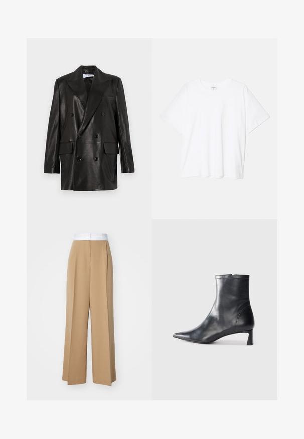 Melnas ādas divrindu žakete ar plašiem atlokiem, priekšējām kabatām un pogu akcentiem. Gluda tekstūra ar pielāgotu siluetu.; Balta kokvilnas T-krekls ar īsām piedurknēm, apaļu dekoltē, brīva piegriezuma un šūtu apakšmalu. Etiķete redzama iekšējā kakla daļā.; Platākā kāju bikses gaismas brūnā audumā ar kontrastējošu baltu jostu. Iespējas ietver tīras līnijas un bez redzamām rakstām vai rotājumiem.; Melnas ādas potītes zābaki ar norādītu pirkstu un elegantu dizainu. Iezīmē zemu papēdi un rāvējslēdzēja aizdari aizmugurē. Gluda tekstūra.