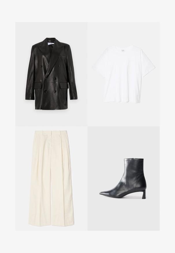 Musta nahkainen kaksirivinen bleiseri leveillä kauluksilla, etutaskuilla ja napitusyksityiskohdilla. Säihkeä pinta ja muotoiltu siluetti.; Valkoinen puuvillapaita lyhyillä hihoilla, pyöreällä pääntiellä, rentoa tyyliä ja ommeltu helma. Tunniste näkyvissä sisäkauluksessa.; Housut leveillä lahkeilla pehmeästä, vaaleasta kermasta. Ominaisuuksiin kuuluu etupliseeraukset, vyölenkit ja sujuva pinta. Räätälöity muotoilu siistillä viimeistelyllä.; Musta nahkainen nilkkabotti, jossa on teräväkärkinen muotoilu ja tyylikäs design. Varusteena matala korko ja takana vetoketjukiinnitys. Sileä pinta.