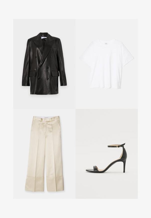 Melnas ādas divrindu žakete ar plašiem atlokiem, priekšējām kabatām un pogu akcentiem. Gluda tekstūra ar pielāgotu siluetu.; Balta kokvilnas T-krekls ar īsām piedurknēm, apaļu dekoltē, brīva piegriezuma un šūtu apakšmalu. Etiķete redzama iekšējā kakla daļā.; Bēšas platās bikses no gludas auduma ar augstu jostasvietu, ar krokām priekšpusē un salocītu apakšmalu, kurām ir sānu kabatas un tīra apdare.; Melnas ādas augstpapēžu sandales ar potītes siksniņu. Iezīmes gluda tekstūra, atvērta purngala un plāna papēža. Zelta krāsas sprādzes detaļa.