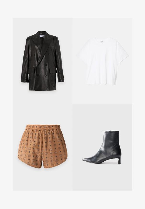 Blazer en cuir noir à double boutonnage avec larges revers, poches avant et accents en bouton. Texture lisse avec une silhouette cintrée.; T-shirt en coton blanc avec des manches courtes, un col rond, une coupe décontractée et un ourlet cousu. Étiquette visible à l'intérieur du col.; Shorts marron avec un motif de logo sur toute la surface, accents en losanges bleu foncé, ceinture élastique et tissu léger et texturé.; Bottine en cuir noir avec un bout pointu et un design épuré. Présente un petit talon et une fermeture éclair à l'arrière. Texture lisse.