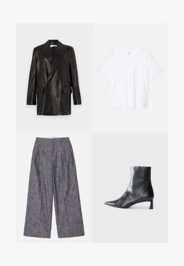 Blazer en cuir noir à double boutonnage avec larges revers, poches avant et accents en bouton. Texture lisse avec une silhouette cintrée.; T-shirt en coton blanc avec des manches courtes, un col rond, une coupe décontractée et un ourlet cousu. Étiquette visible à l'intérieur du col.; Filippa K DARCEY TEXTURED TROUSERS - Pantalon classique - navy/white; Bottine en cuir noir avec un bout pointu et un design épuré. Présente un petit talon et une fermeture éclair à l'arrière. Texture lisse.