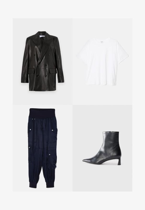 Melnas ādas divrindu žakete ar plašiem atlokiem, priekšējām kabatām un pogu akcentiem. Gluda tekstūra ar pielāgotu siluetu.; Balta kokvilnas T-krekls ar īsām piedurknēm, apaļu dekoltē, brīva piegriezuma un šūtu apakšmalu. Etiķete redzama iekšējā kakla daļā.; Cinq à Sept HARMONY PANT - Armijas stila bikses - navy; Melnas ādas potītes zābaki ar norādītu pirkstu un elegantu dizainu. Iezīmē zemu papēdi un rāvējslēdzēja aizdari aizmugurē. Gluda tekstūra.