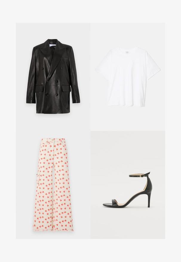 Mustast nahast kahe nööbiga bleiser laiale kraele, esikottidele ja nööpirnidele. Sile tekstuur koos kohandatud siluetiga.; Valge puuvillane T-särk lühikeste varrukatega, ümmargune kaelus, mugav lõige ja õmmeldud serv. Silt nähtav kaela seest.; Laiad püksid, mis on valmistatud beežist kangast, punase ja rohelise maasikakujundusega. Sisaldab külgtaskuid ja kulunud äärt.; Must musta kõrgete kontsadega sandaal, millel on pahkluule kinnituv rihm. Omab sileda tekstuuri, avatud varbaosa ning õhukest kontsa. Kuldtooniline pandla detail.