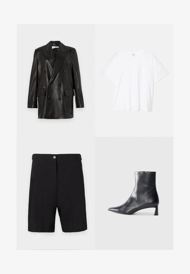 Blazer de cuero negro de doble botonadura con amplias solapas, bolsillos frontales y detalles de botones. Textura suave con una silueta entallada.; Camiseta de algodón blanca con mangas cortas, escote redondo, corte relajado y dobladillo cosido. Etiqueta visible en el interior del cuello.; Pantalones cortos negros de tejido ligero, diseño entallado con cierre frontal de botón, cinturilla plana y perneras rectas.; Botín de cuero negro hasta el tobillo con punta afilada y un diseño elegante. Presenta un tacón bajo y un cierre con cremallera en la parte trasera. Textura suave.