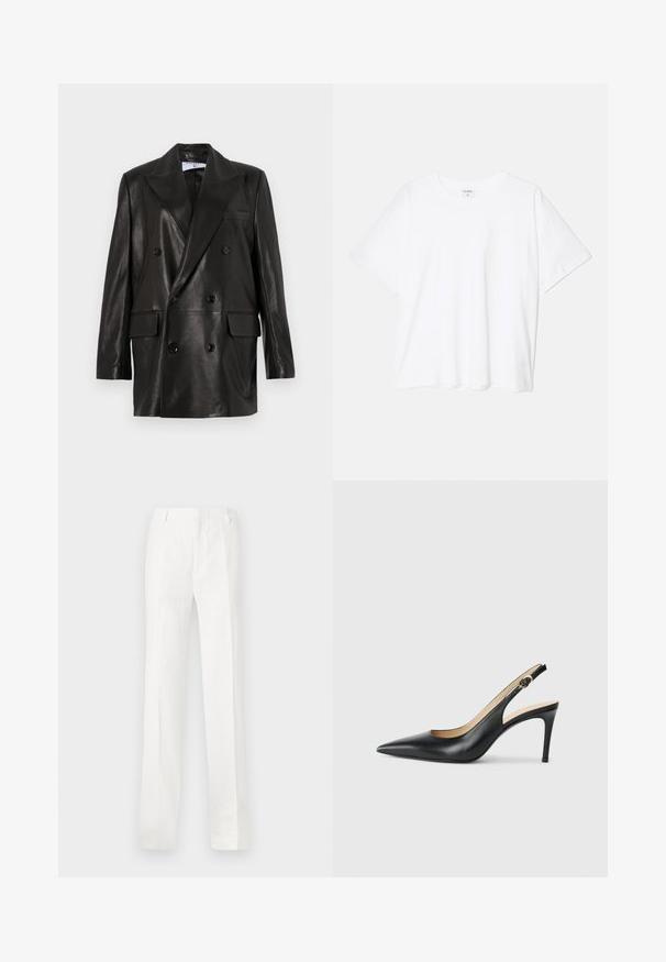 Blazer en cuir noir à double boutonnage avec larges revers, poches avant et accents en bouton. Texture lisse avec une silhouette cintrée.; T-shirt en coton blanc avec des manches courtes, un col rond, une coupe décontractée et un ourlet cousu. Étiquette visible à l'intérieur du col.; Pantalon blanc à jambe droite en tissu léger. Doté d'un devant plat, de passants de ceinture et sans motifs ni décorations visibles.; Escarpins en cuir noir avec une pointe fine, une bride ajustable et un talon aiguille élégant, présentant une finition lisse.