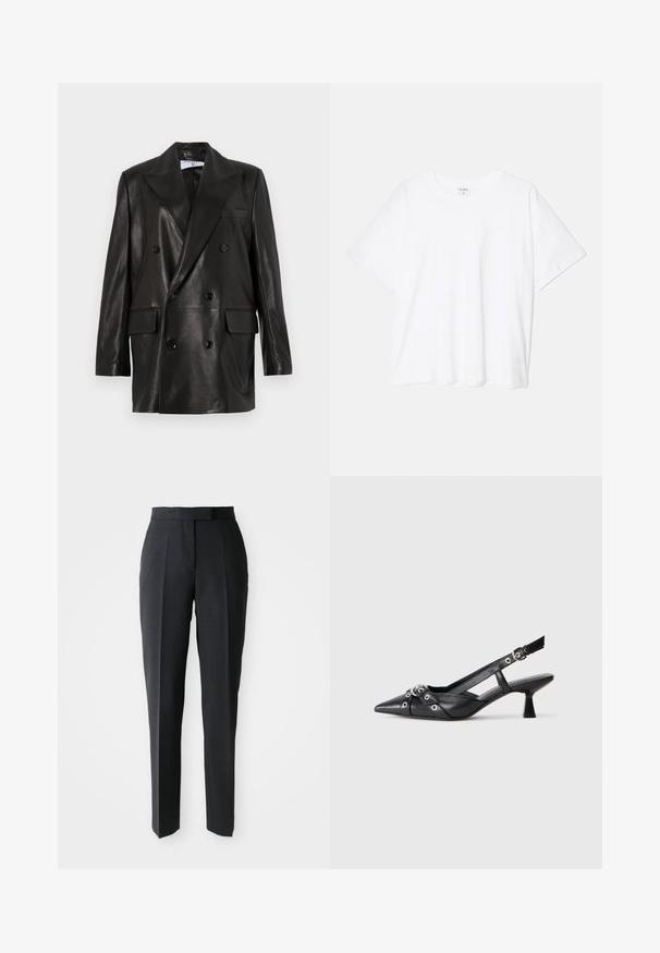 Čierny kožený dvojradový blejzer so širokými klopami, prednými vreckami a gombíkovými detailami. Hladká textúra s priliehavým strihom.; Biely bavlnený tričko s krátkymi rukávmi, okrúhlym výstrihom, voľným strihom a prešitým lemom. Štítok viditeľný na vnútornom krku.; Čierne nohavice so strihom rovného nohu a vysokým pásom, s prednými záhybmi, vystavené na jednoduchom svetlom pozadí.; Čierne kožené slingback topánky s špicatou špičkou, ozdobnými popruhmi s kovovými očkami a nízkym blokovým podpätkom. Textúrovaný povrch.