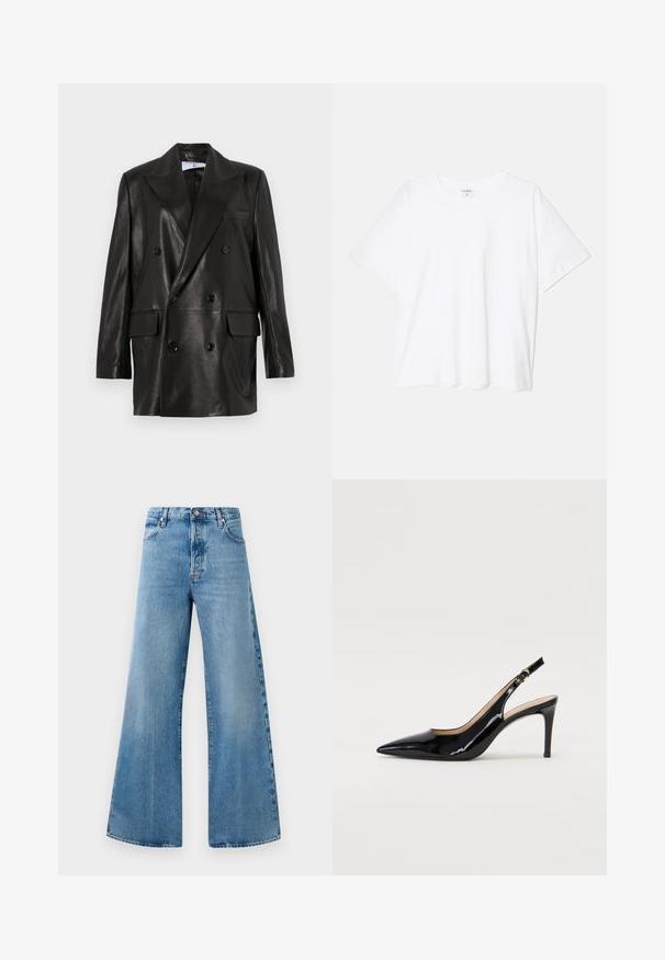 Blazer din piele neagră, cu două rânduri de nasturi, guler larg, buzunare frontale și accente din nasturi. Textură netedă cu o siluetă croită.; Tricou alb din bumbac, cu mâneci scurte, guler rotund, croi lejer și tiv cusut. Eticheta este vizibilă pe interiorul gulerului.; Jeans din denim ușor, de culoare albastră, cu croială largă și talie înaltă, având buzunare frontale, închidere cu nasture și detalii de decolorare discrete.; Pantofi slingback din piele patent neagră, cu vârful ascuțit, tocul subțire și un design discret cu decupaj. Se evidențiază printr-un cataramă aurie pe curea.