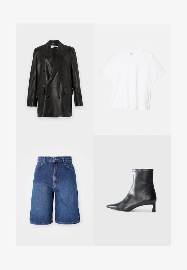 Fekete bőr, dupla gombos blézer széles hajtókákkal, elülső zsebekkel és gombdíszítéssel. Sima textúra, szabott sziluett.; Fehér pamut póló rövid ujjal, kerek nyakkivágással, laza fazonnal és varrott szegéllyel. Címke látható a belső nyakrészén.; Sötétkék farmer rövidnadrág, magas derekú fazonnal, öt zsebbel és kontrasztos varrással. Nyers szegés az alján.; Fekete bőr bokacsizma hegyes orral és letisztult dizájnnal. Alacsony sarka és hátsó cipzáras záródása van. Simának tűnő textúra.