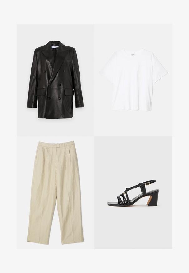 Blazer doppiopetto in pelle nera con ampi revers, tasche frontali e dettagli in bottone. Texture liscia con silhouette su misura.; T-shirt bianco in cotone con maniche corte, scollo rotondo, vestibilità comoda e orlo cucito. Etichetta visibile all'interno del colletto.; Pantaloni in lino beige con design a gamba larga, caratterizzati da pince anteriori, tasche laterali e una texture liscia. Taglio classico e stile versatile.; Paul Smith AMIRA - Decolleté - black