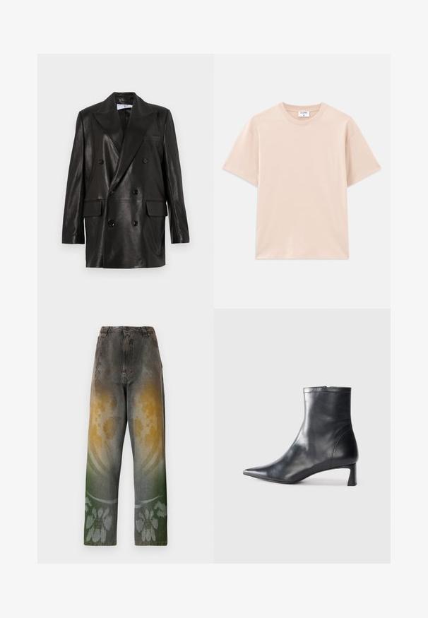 Zwarte leren dubbelbreasted blazer met brede revers, voorzakken en knoopaccenten. Gladde textuur met een getailleerd silhouet.; Korte mouwen t-shirt in lichtbeige, gemaakt van zachte katoen. Ronde halslijn, relaxte pasvorm, met rechte zoom en zonder patronen of graphics.; Hoge taille jeans in vervaagd denim met een gradient patroon dat geel, groen en blauwe tinten mengt; bloemenontwerp nabij de zoom.; Zwarte leren enkellaars met een spitse neus en een slank ontwerp. Heeft een lage hak en een ritssluiting aan de achterkant. Gladde textuur.