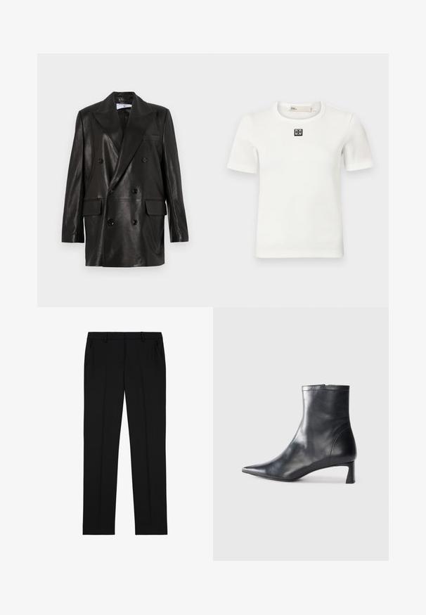 Blazer en cuir noir à double boutonnage avec larges revers, poches avant et accents en bouton. Texture lisse avec une silhouette cintrée.; T-shirt blanc à manches courtes côtelé avec un accent de logo noir carré sur la poitrine ; col rond, coupe ajustée et texture douce.; Pantalons noirs sur mesure avec une texture lisse, présentant une taille plate, deux poches latérales et un design classique à jambe droite.; Bottine en cuir noir avec un bout pointu et un design épuré. Présente un petit talon et une fermeture éclair à l'arrière. Texture lisse.
