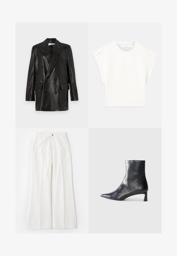 Melnas ādas divrindu žakete ar plašiem atlokiem, priekšējām kabatām un pogu akcentiem. Gluda tekstūra ar pielāgotu siluetu.; Balta kaste formas T-kreklā ar īsām piedurknēm. Izgatavots no gluda auduma, ar apaļu izgriezumu un nelieliem plecu akcentiem. Vienkāršs dizains.; Baldie platās bikses, izgatavotas no mīksta auduma, ar priekšējiem kabatām un vienu pogu aizdari, ar tīru un minimālistisku dizainu.; Melnas ādas potītes zābaki ar norādītu pirkstu un elegantu dizainu. Iezīmē zemu papēdi un rāvējslēdzēja aizdari aizmugurē. Gluda tekstūra.