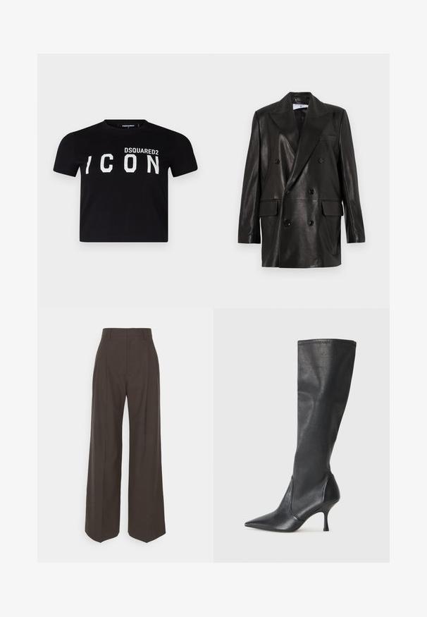 Zwarte leren dubbelbreasted blazer met brede revers, voorzakken en knoopaccenten. Gladde textuur met een getailleerd silhouet.; Zwarte katoenen T-shirt met een ronde hals. Voorzien van opvallende witte letters "DSQUARED2 ICON" op de voorkant. Korte mouwen, normale pasvorm.; Donkerbruine wijde broek met een hoge taille, voorzien van strak geplooide plooien, een zachte textuur en een op maat gemaakte pasvorm.; Kniehoge zwarte leren laarzen met een spitse neus en een slanke stilettohak. Glad textuur met een aansluitend ontwerp en stiksels aan de bovenrand.