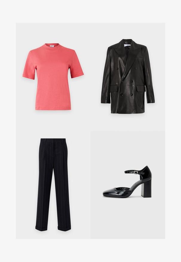 Zwarte leren dubbelbreasted blazer met brede revers, voorzakken en knoopaccenten. Gladde textuur met een getailleerd silhouet.; Koraalkleurig katoenen T-shirt met korte mouwen, een ronde halslijn en een schone, niet-geprinte uitstraling. Glad textuur met een normale pasvorm.; Zwarte broek met streepjes in een getailleerde pasvorm, voorzien van een omgeslagen zoom en voorplooien. Gemaakt van een gladde stof met een gestructureerd ontwerp.; Zwarte lakleren hoge hakken met een vierkante neus, enkelbandje en een chunky hak. Inclusief geperforeerde details langs de rand.