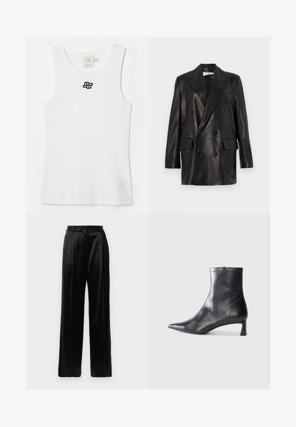 Čierny kožený dvojradový blejzer so širokými klopami, prednými vreckami a gombíkovými detailami. Hladká textúra s priliehavým strihom.; Biely rebrovaný top bez rukávov vyrobený z bavlny, s okrúhlym výstrihom a čiernym vyšitým logom na ľavom hornom rohu. Jednoduchý dizajn.; Čierne saténové nohavice s vysokým pásom a širokými nohavicami, s pútkami na opasok a s plochým uzatváraním na bielom pozadí.; Čierne kožené členkové topánky s špicatou špičkou a elegantným dizajnom. Majú nízky podpätok a zips na zadnej strane. Hladká textúra.