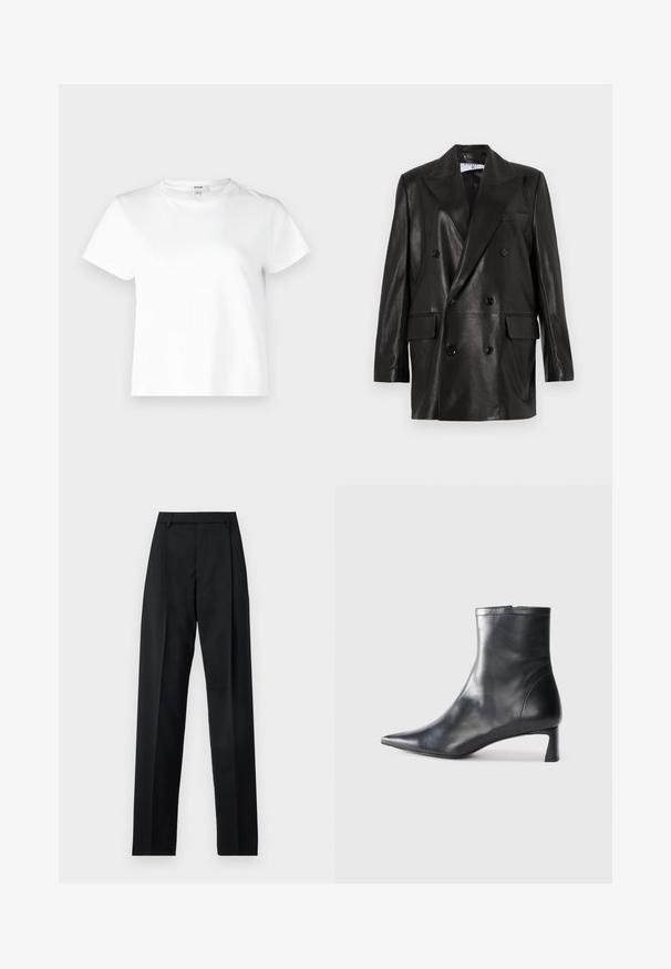 Mustast nahast kahe nööbiga bleiser laiale kraele, esikottidele ja nööpirnidele. Sile tekstuur koos kohandatud siluetiga.; Agolde ADINE SHRUNKEN - Lihtne T-särk - white; Mustad püksid siledast kangast, millel on kõrge vöökoht, laiad jalad, esimesed kortsud ja klassikalised vööloopid. Küljepockets pole nähtavad.; Mustad mustall nahkasaabas terava nina ja stiilse disainiga. Omab madalat konts ja luku sulgemist taga. Sile tekstuur.