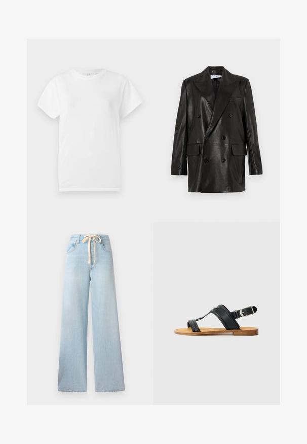 Black leather double-breasted blazer with wide lapels, front pockets, and button accents. Smooth texture with a tailored silhouette.; White cotton t-shirt with short sleeves and a crew neckline. Smooth texture and minimal design, featuring no visible patterns or accents.; Light blue wide-leg jeans made from denim, featuring a drawstring waistband and classic five-pocket design with minimal fading.; Black leather sandal with adjustable buckle, flat tan sole, and two wide straps crossing over the foot, minimalistic design.