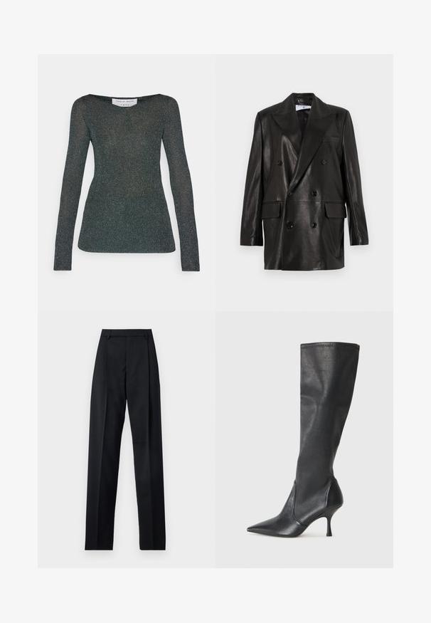 Schwarze Leder-Doppelreiher-Blazer mit breiten Revers, Fronttaschen und Knopfakzenten. Glatte Textur mit taillierter Silhouette.; Grüner glitzernder Langarm-Top mit Boot-Ausschnitt und figurbetonter Passform. Besitzt eine dezente schimmernde Textur und einen weichen Stoff.; Schwarze Hosen aus glattem Stoff mit hoher Taille, weitem Bein, vorderen Falten und klassischen Gürtelschlaufen. Keine sichtbaren Seitentaschen.; Knöchelhoche schwarze Lederstiefel mit einer spitzen Zehe und einem schlanken Stiletto-Blockabsatz. Glatte Textur mit einer enganliegenden Passform und Nähten am oberen Rand.