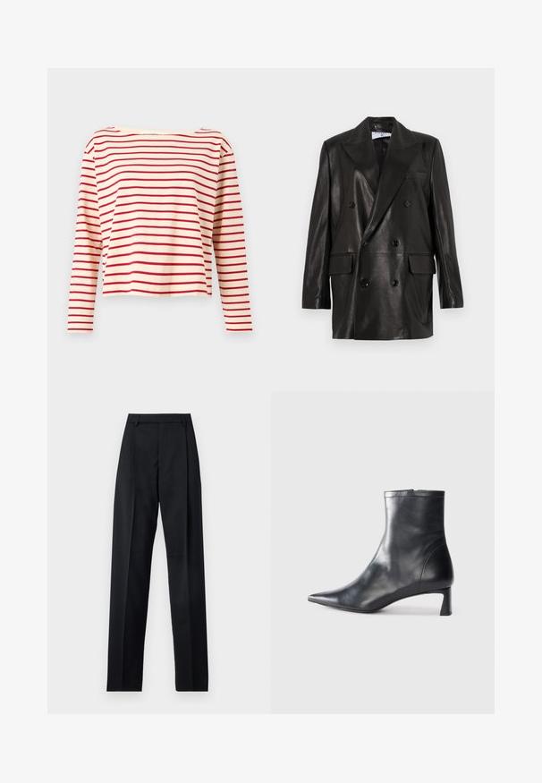 Juodas odinis dvigubos sagos švarkas su plačiais sklendais, priekinėmis kišenėmis ir mygtukų akcentais. Lygi tekstūra su pritaikytu siluetu.; DESIGNERS REMIX STACY BRETON - Ilgarankovis viršutinės dalies drabužis - cream/red; Juodos kelnės iš lygaus audinio, pasižyminčios aukštu liemeniu, plačiomis kojomis, priekinėmis klostėmis ir klasikiais diržo kilpomis. Šoninių kišenių nematyti.; Juodas odinis kulkšninis batas su smailiu pirštu ir elegantišku dizainu. Turi žemą kulną ir užtrauktuką gale. Lygi tekstūra.