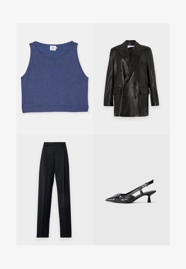Blazer doppiopetto in pelle nera con ampi revers, tasche frontali e dettagli in bottone. Texture liscia con silhouette su misura.; Top corto blu scuro realizzato in tessuto testurizzato, con scollatura rotonda e bordi a costine. Etichetta all'interno della scollatura.; Pantaloni neri realizzati in tessuto morbido, caratterizzati da vita alta, gambe larghe, pince frontali e classiche passanti per cintura. Non ci sono tasche laterali visibili.; Scarpa slingback nera in pelle con punta affusolata, cinturini decorativi con occhielli metallici e tacco basso a blocco. Superficie testurizzata.
