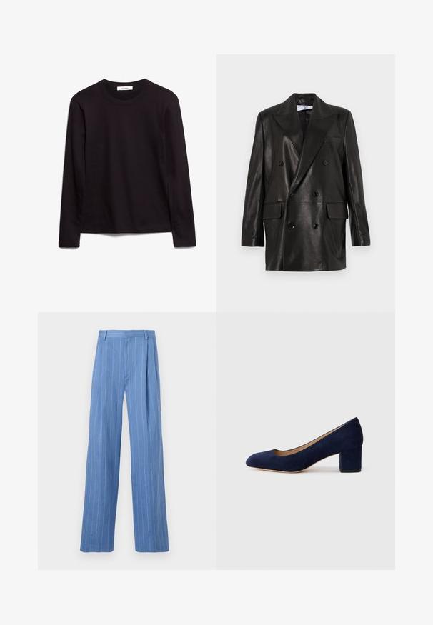 Musta nahkainen kaksirivinen bleiseri leveillä kauluksilla, etutaskuilla ja napitusyksityiskohdilla. Säihkeä pinta ja muotoiltu siluetti.; Musta pitkähihainen crew neck -t-paita, joka on valmistettu tekstuurista kankaasta. Tässä paidassa on suora helma ja ommellut yksityiskohdat kauluksessa ja olkapäissä.; Vaaleansiniset leveälahkeiset housut, joissa on pystysuorat valkoiset raidat. Valmistettu sileästä materiaalista, jossa on etutasku ja siisti vyötärönauha.; Navy sininen mokkanahkakengät, joissa on terävä kärki ja keskikorkea lohkare korko. Sileä pinta, jossa on hieno kiilto ja pieni leikkaus etuosassa.