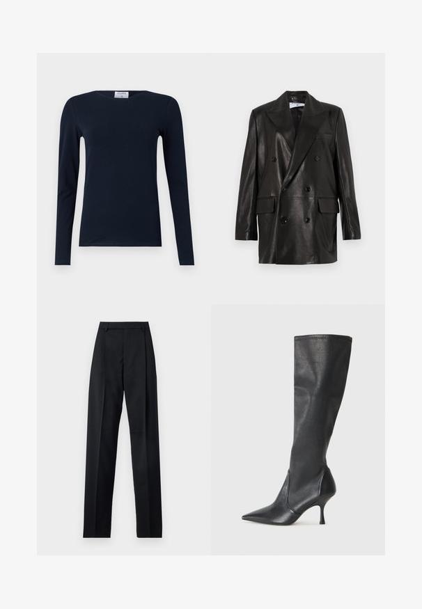 Black leather double-breasted blazer with wide lapels, front pockets, and button accents. Smooth texture with a tailored silhouette.; Navy long-sleeve T-shirt made of soft cotton. Features a round neck, slim fit, and regular hem with no visible patterns or accents.; Black trousers made from smooth fabric featuring a high waist, wide legs, front pleats, and classic belt loops. No side pockets visible.; Knee-high black leather boots with a pointed toe and a slim stiletto heel. Smooth texture with a fitted design and stitching at the top edge.