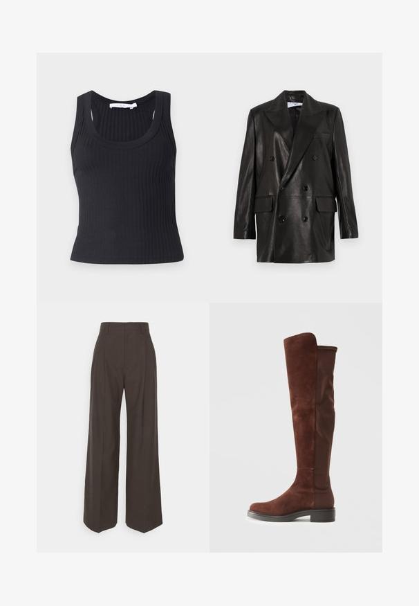 Mustast nahast kahe nööbiga bleiser laiale kraele, esikottidele ja nööpirnidele. Sile tekstuur koos kohandatud siluetiga.; Must mustribaline tank-top, mille ümar kaelus ja laiad õlavarrepaelad, valmistatud pehmest ja elastsetest kangast, pikliku silueti jahedus.; Tumepruunid lai jalad püksid kõrge vöökohaga, millel on korralikult pressitud kortsud, sile tekstuur ja täpselt sobiv lõige.; Pikk pruunist nahast ja kangast saabas madala musta kandiga ja ümarate varvastega, nähtav külgvaates lihtsal valgel taustal.