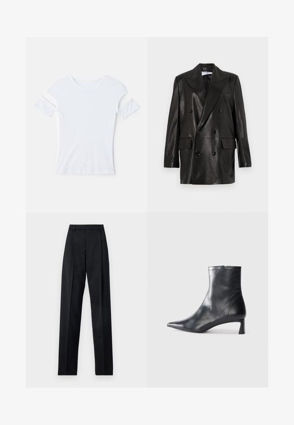 Schwarze Leder-Doppelreiher-Blazer mit breiten Revers, Fronttaschen und Knopfakzenten. Glatte Textur mit taillierter Silhouette.; Weißes Baumwoll-T-Shirt mit Rundhalsausschnitt, kurzen Ärmeln mit Ausschnittakzenten und tailliertem Design. Glatte Textur, minimale Details.; Schwarze Hosen aus glattem Stoff mit hoher Taille, weitem Bein, vorderen Falten und klassischen Gürtelschlaufen. Keine sichtbaren Seitentaschen.; Schwarze Lederstiefelette mit spitzer Zehe und schlankem Design. Verfügt über einen niedrigen Absatz und einen Reißverschluss hinten. Glatte Textur.