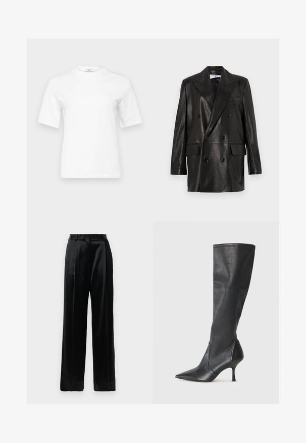 Czarna skórzana marynarka dwurzędowa z szerokimi klapami, przednimi kieszeniami i guzikami. Gładka tekstura z dopasowanym krojem.; Biała bawełniana koszulka z okrągłym dekoltem i krótkimi rękawami. Charakteryzuje się prostym krojem i minimalistycznym wzornictwem. Brak wzorów lub akcentów.; Czarne satynowe spodnie o wysokim stanie z prostymi szerokimi nogawkami, szlufkami na pasek i gładkim zapięciem z przodu na jednolitym białym tle.; Czarne skórzane botki do kolan z ostrym noskiem i wąskim obcasem w szpilkę. Gładka tekstura z dopasowanym krojem i przeszyciem na górnej krawędzi.