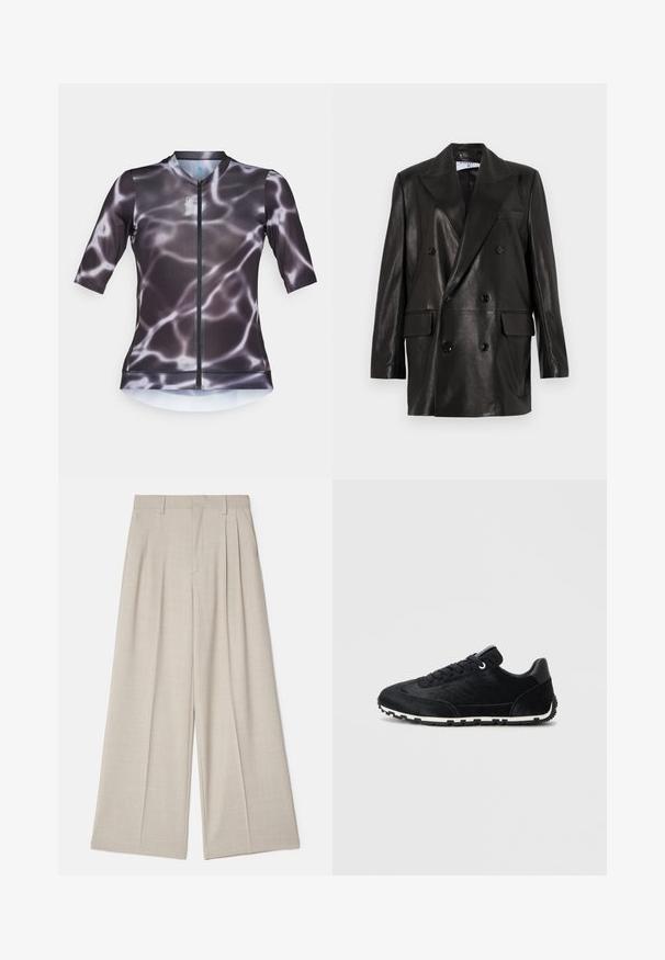 Blazer de cuero negro de doble botonadura con amplias solapas, bolsillos frontales y detalles de botones. Textura suave con una silueta entallada.; Jersey de ciclismo de manga corta con cremallera, con un diseño de patrón de agua en negro y gris. Fabricado con un tejido ligero y elástico.; Pantalones beige de pierna ancha con una textura suave, presentan pliegues frontales, una cintura plana y un diseño ajustado para un ajuste holgado.; Zapatillas negras de tela suave con acentos de ante. Presenta un diseño de caña baja, puntera redonda y suela blanca con un patrón de agarre texturizado.