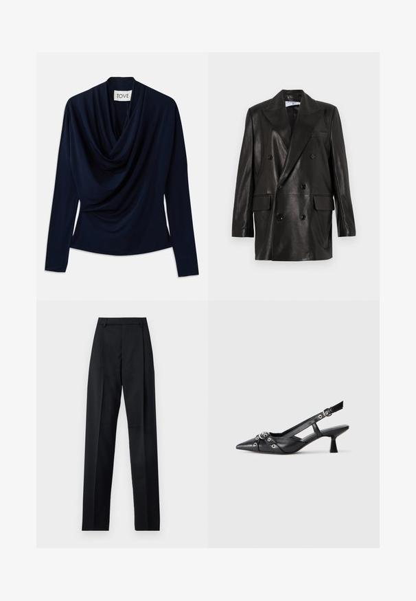 Juodas odinis dvigubos sagos švarkas su plačiais sklendais, priekinėmis kišenėmis ir mygtukų akcentais. Lygi tekstūra su pritaikytu siluetu.; Tamsiai mėlynas ilgas rankovės viršus su drapiruotu iškirpimu, pagamintas iš minkštos medžiagos. Turintis prigludusią siluetą ir minimalistišką dizainą. Matoma prekės ženklo etiketė.; Juodos kelnės iš lygaus audinio, pasižyminčios aukštu liemeniu, plačiomis kojomis, priekinėmis klostėmis ir klasikiais diržo kilpomis. Šoninių kišenių nematyti.; Juodas odinis slingback tipo batai su smailiu priekiniu atvartu, dekoratyvinėmis sagtimis su metaliniais akyčiais ir žemu blokiniu kulnu. Saldus paviršius.