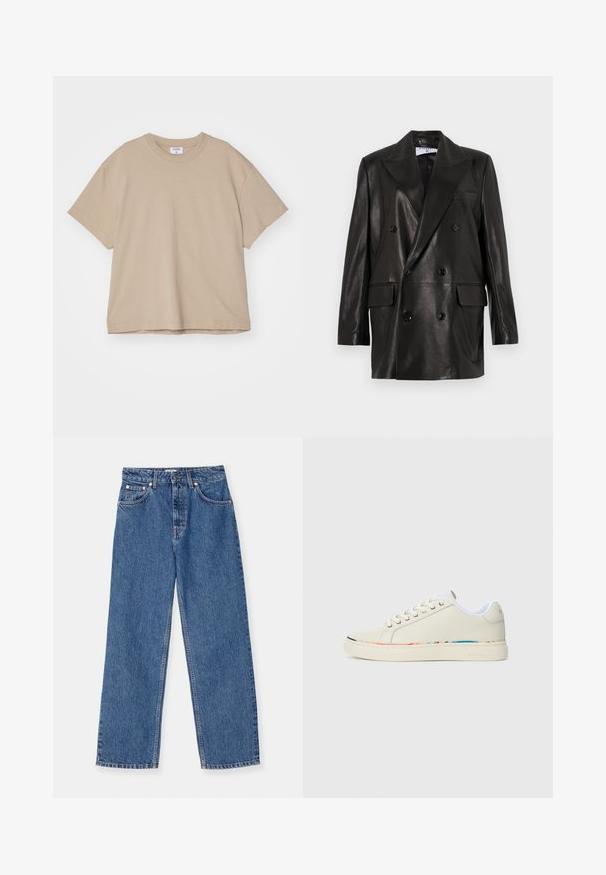 Schwarze Leder-Doppelreiher-Blazer mit breiten Revers, Fronttaschen und Knopfakzenten. Glatte Textur mit taillierter Silhouette.; Filippa K OVERSIZED TEE - T-Shirt basic - taupe; Blaue Jeans aus Denim mit weitem Bein, klassischem Fünf-Taschen-Design und metallischen Akzenten. Leichte Gebrauchsspuren auf dem Stoff vorhanden.; Cremefarbene Low-Top-Sneaker mit Schnürdesign, weißem Innenfutter und subtilen mehrfarbigen Akzenten entlang der Sohlenkante, Seitenansicht.