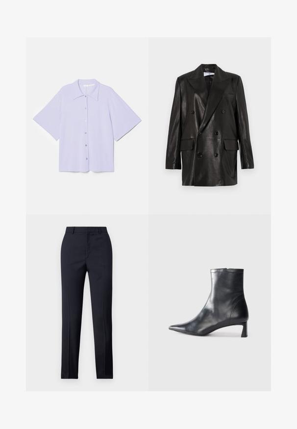 Zwarte leren dubbelbreasted blazer met brede revers, voorzakken en knoopaccenten. Gladde textuur met een getailleerd silhouet.; Korte mouwen lavendelkleurig shirt met een puntige kraag, gemaakt van gladde stof, met een knoopsluiting aan de voorkant en een boxy silhouet.; Marineblauwe, op maat gemaakte broek met een rechte snit, met een gladde textuur, twee zijzakken en een schone tailleband.; Zwarte leren enkellaars met een spitse neus en een slank ontwerp. Heeft een lage hak en een ritssluiting aan de achterkant. Gladde textuur.