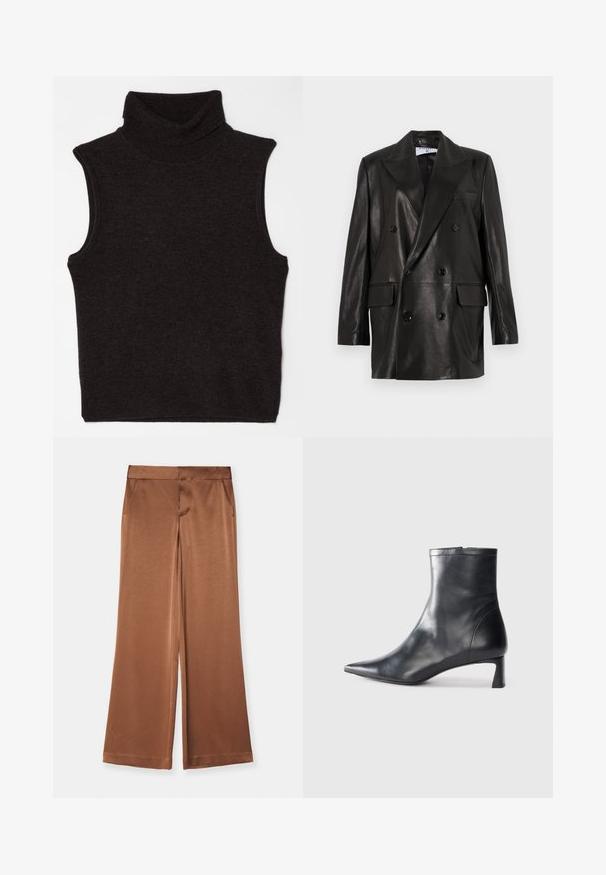 Blazer doppiopetto in pelle nera con ampi revers, tasche frontali e dettagli in bottone. Texture liscia con silhouette su misura.; Filippa K TURTLENECK VEST - Top - mocha; Pantaloni a gamba larga marroni in satin, con tasche laterali, una texture liscia e una vita sagomata per una vestibilità strutturata.; Stivaletto in pelle nera con punta affusolata e design elegante. Presenta un tacco basso e una chiusura con zip sul retro. Texture liscia.