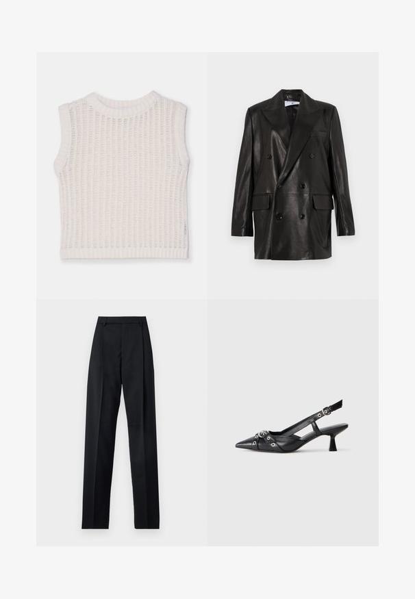 Sort læder dobbeltradet blazer med brede revers, forlommer og knapdetaljer. Glat tekstur med en skræddersyet silhuet.; Ærmeløs hvid top med ribbet tekstur, med rund halsudskæring og et åbent strikdesign. Enkel og afslappet silhuet.; Sorte bukser lavet af glat stof, der har høj talje, brede ben, frontfolder og klassiske bælteløkker. Ingen synlige sidelommer.; Sort lædersandal med spids tå, dekorative stropper med metaløjer og en lav blokhæl. Struktureret overflade.