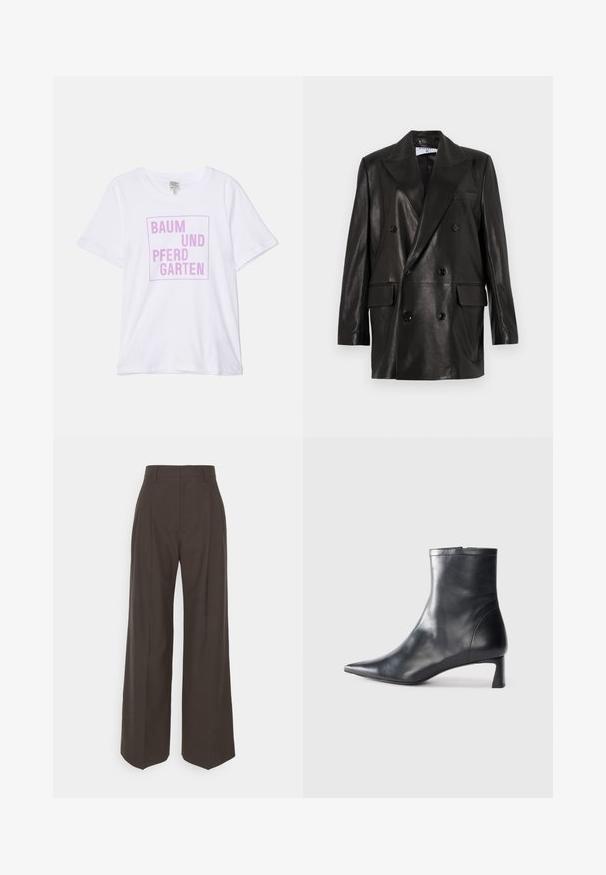 Černý kožený dvouřadý blazer s širokými klopy, předními kapsami a ozdobnými knoflíky. Hladká textura s upraveným siluetou.; Baum und Pferdgarten JAWO - Triko s potiskem - orchid logo box; Tmavě hnědé kalhoty s širokými nohavicemi a vysokým pasem, s elegantně vyžehlenými puky, hladkou texturou a přesným střihem.; Černé kožené kotníkové boty s špičatou špičkou a elegantním designem. Mají nízký podpatek a zipové zapínání na zadní straně. Hladká textura.