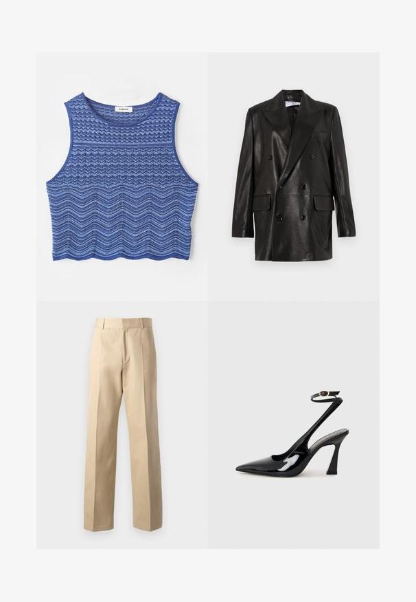 Blazer doppiopetto in pelle nera con ampi revers, tasche frontali e dettagli in bottone. Texture liscia con silhouette su misura.; Top corto in tonalità di blu, con motivi a zigzag e onde testurizzati, collo rotondo e orlo finito.; Pantaloni beige su misura con design a gamba dritta, caratterizzati da una texture liscia, pieghe centrali frontali e una vita classica.; Slingback eleganti in pelle verniciata nera con punta appuntita, cinturino alla caviglia regolabile e tacco quadrato moderato. Texture liscia con finitura lucida.