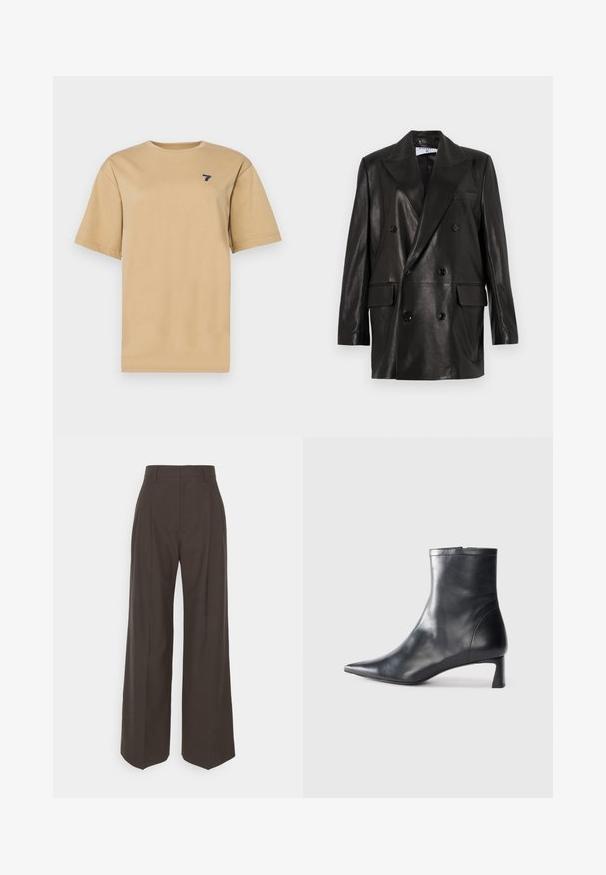 Mustast nahast kahe nööbiga bleiser laiale kraele, esikottidele ja nööpirnidele. Sile tekstuur koos kohandatud siluetiga.; Bež puuvillane t-särk ümmarguse kaelusega ja lühikeste varrukatega. Ees vasakul rinnas on väike sinine '7' logo.; Tumepruunid lai jalad püksid kõrge vöökohaga, millel on korralikult pressitud kortsud, sile tekstuur ja täpselt sobiv lõige.; Mustad mustall nahkasaabas terava nina ja stiilse disainiga. Omab madalat konts ja luku sulgemist taga. Sile tekstuur.
